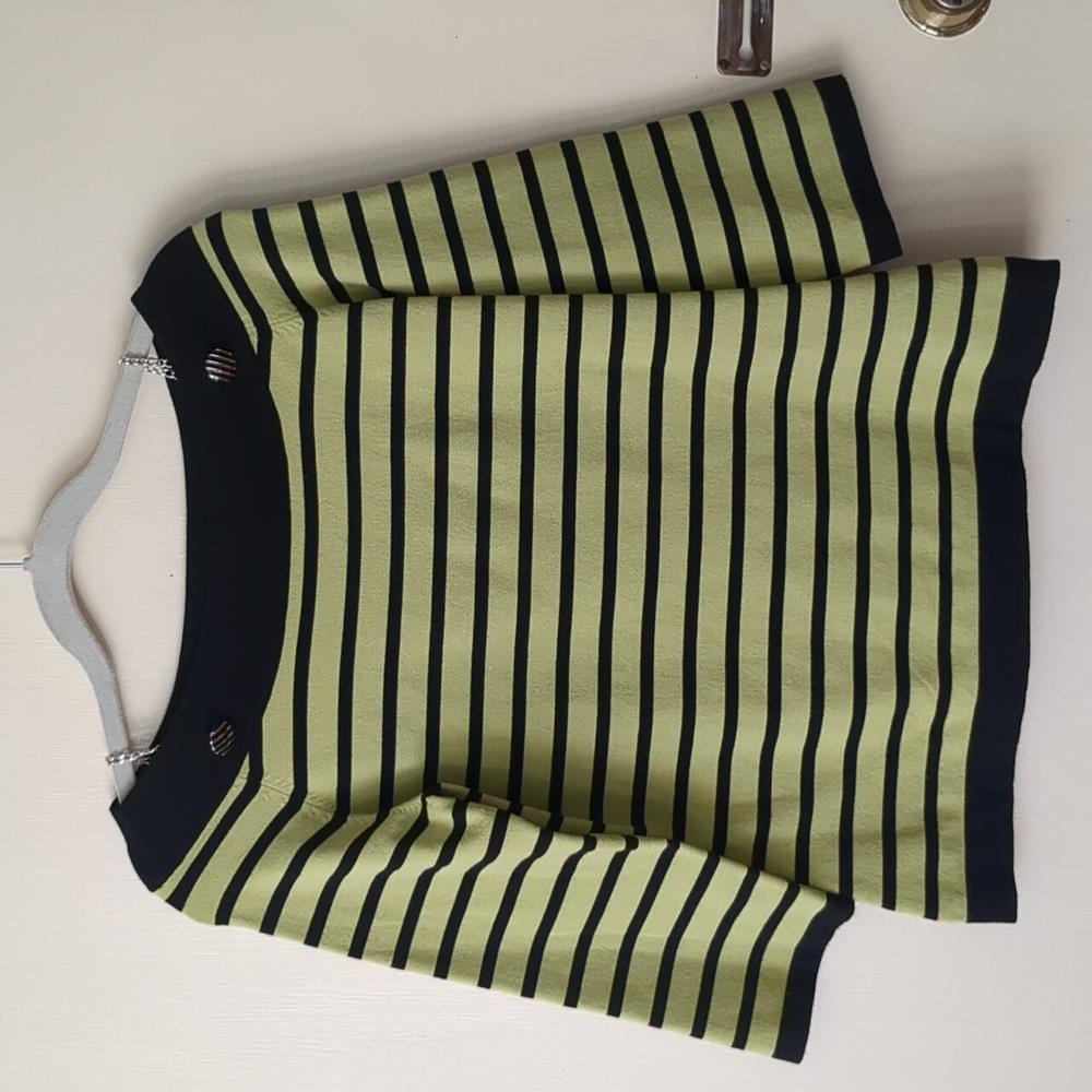Ecocci Green/Black striped knit top w/silver chain shoulder detail. Size M